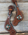 Medium Oil Basketweave Spur Straps - Antique Silver Western Conchos