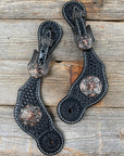 Black Basketweave Spur Straps - Antique Silver Starburst Conchos