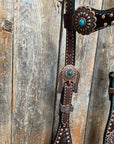 Dark Oil Copper Dot Floral with Turquoise Browband/One Ear Tack Set