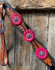 Leaf Scalloped Two Tone Pink Daisy One Ear Headstall / Bridle & Breastcollar Set