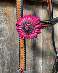 Leaf Scalloped Two Tone Pink Daisy One Ear Headstall / Bridle & Breastcollar Set