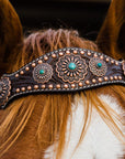 Dark Oil Copper Dot Floral with Turquoise Browband/One Ear Tack Set