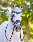 Premium Navy Patent Leather Snaffle Bridle With Removable Flash For Dressage Riding