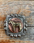 Antique Silver Square Concho with Gold Horse Western Concho W186