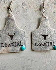 Cowgirl Cow Tag Dangle Silver Fashion Earrings WA161