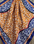 35X35" Blue and Orange Leopard Wild Rag / Scarf -Antique Silver Light Sapphire, Clear and Lilac Slide WRC1013A