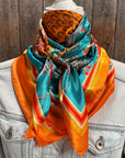 Square 35x35 Orange And Turquoise Paisley Horse Shoe Wild Rag Scarf