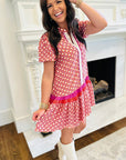 Floral Geometric Colorblock Ruffle Hem Dress