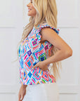 Reign Flutter Sleeve Mock Neck Shirred Blouse