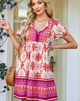 Boho Floral Lace-Up V-Neck Mini Dress