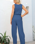 Solid Pleated Detail Sleeveless Elastic Waist Jumpsuit