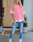 Colorblock 3/4 Sleeve Raw Seam High-Low Top