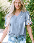 Hadlee Floral Embroidered Puff Sleeve Split Neck Blouse