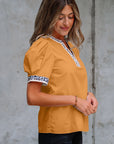 Leopard Contrast Trim Split Neck Puff Sleeve Blouse
