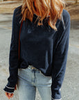 Solid Waffle Knit Round Neck Long Sleeve Top