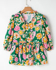 Floral Puff Sleeve V-Neck Peplum Blouse