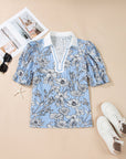 Floral Stripe Polo Collar Short Sleeve Blouse