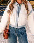 Solid Contrast Trim Buttoned Sherpa Jacket