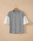 Floral Stripe Patchwork Puff Sleeve Round Neck Top
