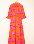 Floral Frilly Smocked V-Neck Maxi Dress