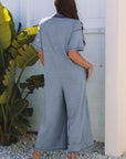 Half Placket Chest Pockets Wide Leg Jumpsuit