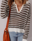 Stripe Eyelet Contrast Collared V-Neck Sweater