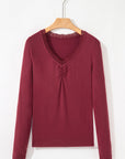 Lace Trim Ruched V-Neck Long Sleeve Top