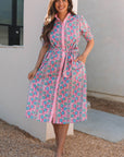 Floral Puff Sleeve Button Front Belted Midi Dress