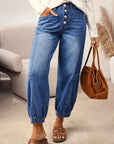 Denim Buttoned Fly Tapered Barrel Leg Jeans