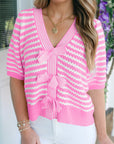 Stripe Bow Tie V-Neck Short Sleeve Sweater