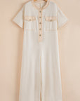 Half Placket Chest Pockets Wide Leg Jumpsuit