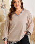 Plus Size Leopard Patchwork V-Neck Long Sleeve Top