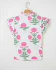 Flower Scallop Contrast Trim Short Sleeve Blouse