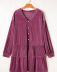 Plus Size Textured Velvet Buttoned Tiered Dress