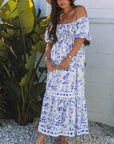 Floral Square Neck Bubble Sleeve Maxi Dress