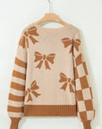 Bow Checker Stripe Patchwork Sleeve Sweater