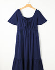 Plus Size Ruched Lace-Up Short Sleeve Midi Dress