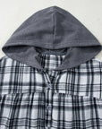 Plaid Quarter-Button Patchwork Long Sleeve Hooded Blouse