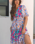 Floral Tie Split Neck Short Sleeve Dress