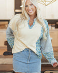 Floral Stripe Collared V-Neck Drop Sleeve Sweatshirt