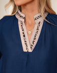 Leopard Trim Flounced 3/4 Sleeve V-Neck Blouse