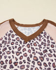 Plus Size Leopard Colorblock Ribbed V-Neck Pullover