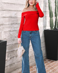 Solid Fold-Over Off-Shoulder Long Sleeve Top