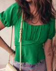 Solid Ruched Cross Waist Tied Back Peplum Top