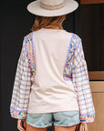 Floral Plaid Patchwork Puff Sleeve Blouse