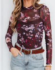 Floral Mesh Turtleneck Long Sleeve Ruched Top