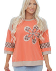 Plaid Flower Waffle Knit Patchwork 3/4 Sleeve Top