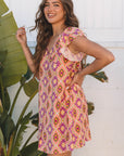 Geometric Floral V-Neck Button-Front Mini Dress