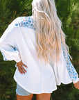 Floral Patchwork Batwing Sleeve V-Neck Blouse