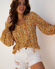 Boho Floral Ruffle Bubble Sleeve V-Neck Blouse